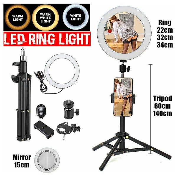 22 cm skjønnhetssminkelampe med speil 60 cm selfie bluetooth fjernkontroll - 3 lys stativ telefonholder Sasicare,