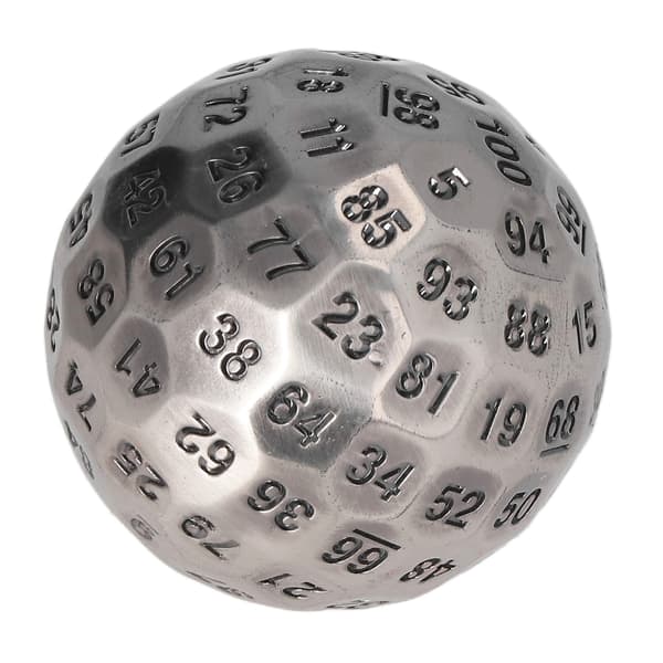 Polyhedral Metalterninger Udsøgte Tunge 100-sidede Rollespilsterninger til Bordspil 2 tommer Diameter Sølv