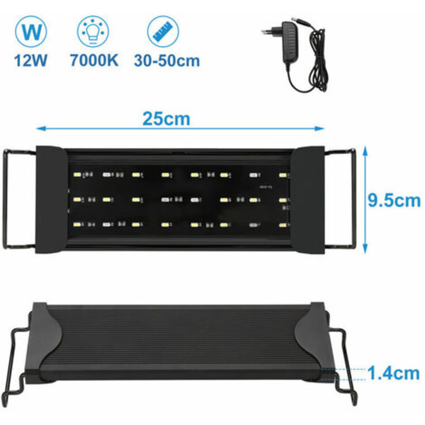 12W LED Aquarium Lighting Vit+Blå Toppljus Aquarium Vattentät 30-50cm