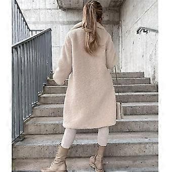 Fleecejacka för kvinnor, vår- och vintermode, luddig jacka, konstpäls, fluffig kofta, kappa (L BEIGE)