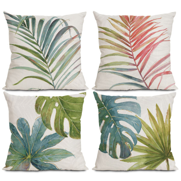 Akvarel Tropical Leaves Pude Pude Sofa Pude Bilryglæn hør Pudebetræk (pudekerne medfølger ikke), 45*45cm,