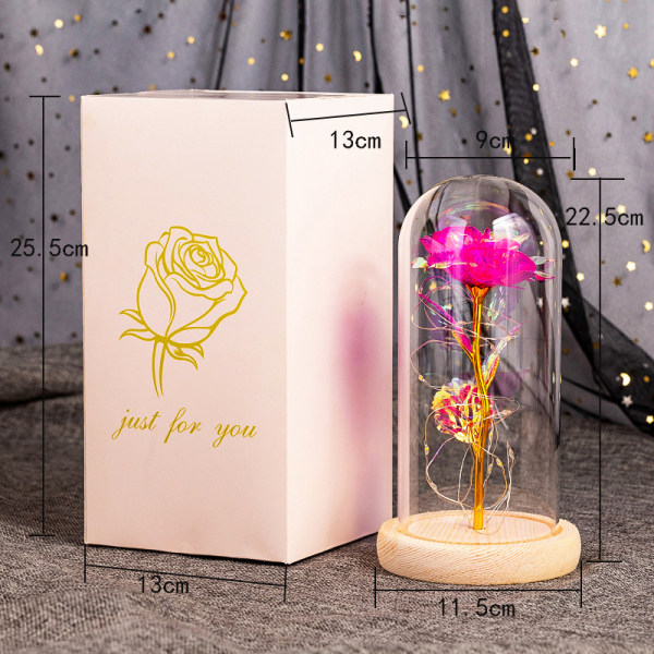 Stabilisert blomsterglassdeksel, rosa glassdeksel, lysende LED Valentinsdag og julegave (rosa gullfarge + varm lampe + trefot),