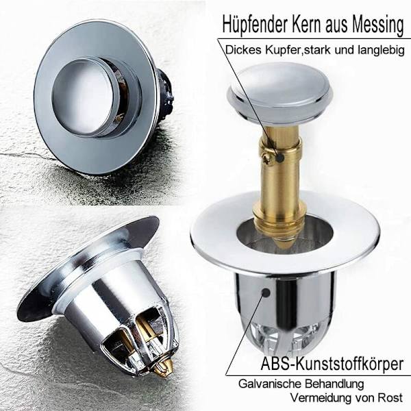 Vaskprop, vask afløb, anti-tilstopningsventil med anti-tilstopningsfilter til vaske med 34-40 mm åbning.
