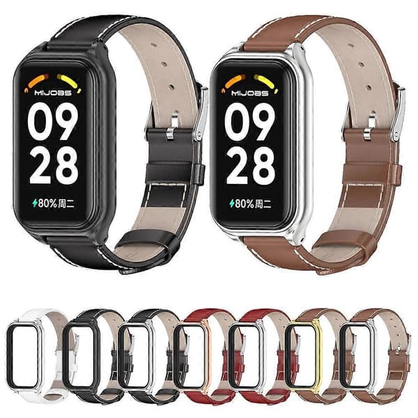Mijobs Metal Shell læderurrem til Xiaomi Smart Band 8 Active / Redmi Band 2 Black