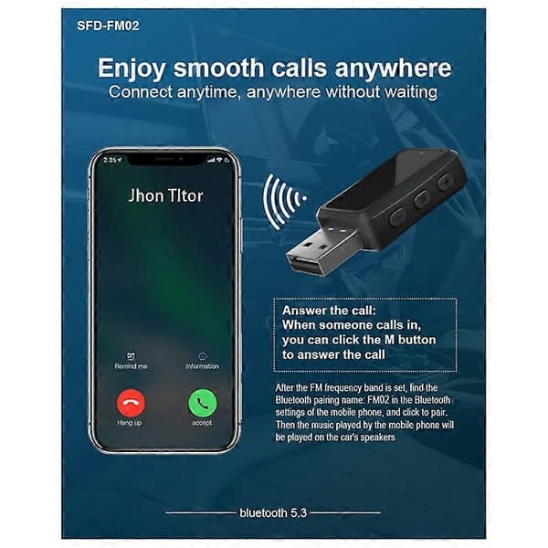Bil Bluetooth 5.3 FM02-sender mottaker håndfri samtale Mini USB-strømforsyning bilsett bilkabel