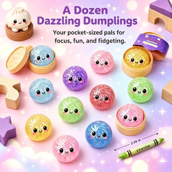 12 stk. Glitter Dumpling Squishy, 2026 Opgraderet Mini Squishy Dumpling Legetøj, Søde Stressbolde Fidget Sensorisk Legetøj Julegavefyld