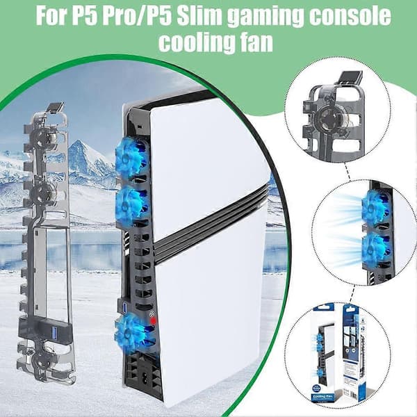 LED køleventilator til PS5 Pro/PS5 Slim-konsol 3-trins justerbar ventilator Stille ventilator