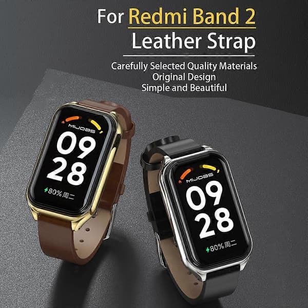 Mijobs Metal Shell læderurrem til Xiaomi Smart Band 8 Active / Redmi Band 2 Black