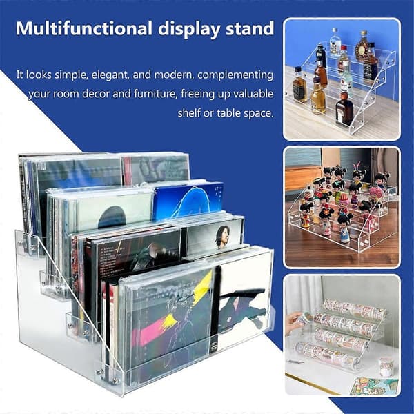 4-lags gennemsigtig akryl CD-holder, kaskade CD-opbevaringsstativ, DVD/CD-displaystativ & vinylpladeopbevaring