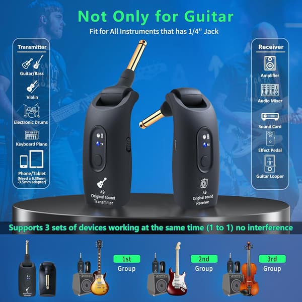 2,4 GHz trådløst gitarsystem oppladbar digital gitar A9 sender og mottaker for elektrisk gitar