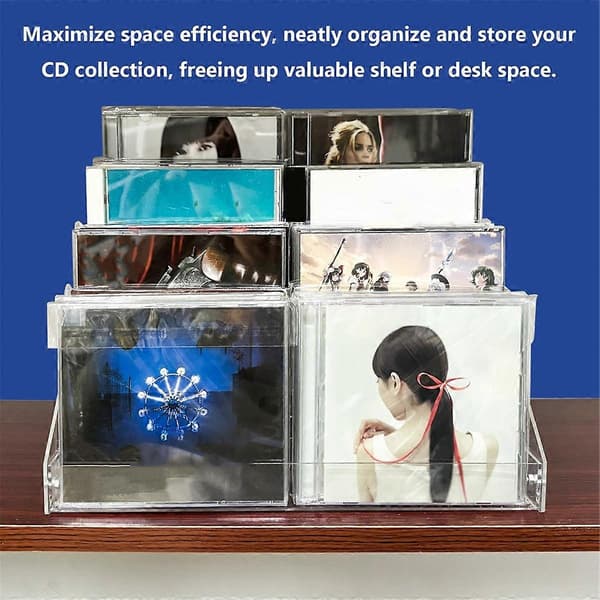 4-lags gennemsigtig akryl CD-holder, kaskade CD-opbevaringsstativ, DVD/CD-displaystativ & vinylpladeopbevaring