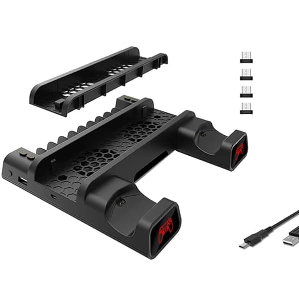 PS4-stander med køleventilator til PS4/PS4 Slim/PS4 Pro, Playstation 4-kølestation med PS4-controlleroplader og 12 spilpladser