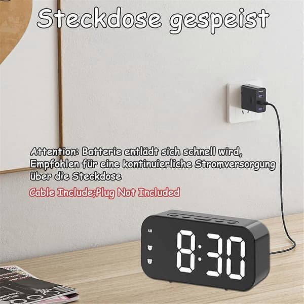 Väckarklocka, digital väckarklocka, dimbar för sovrummet, väggansluten väckarklocka Black