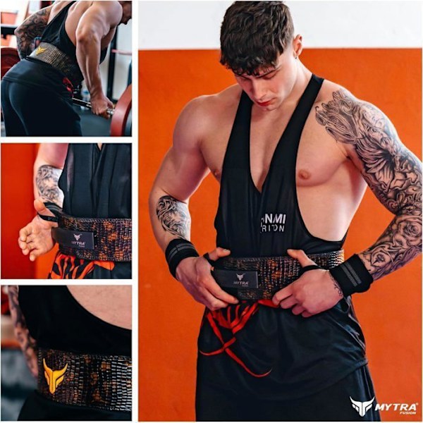 Muskelbälte med spak - Mytra Fusion - Läder med krokodilfinish - Fitness - Tyngdlyftning - Gym - 10 mm - Svart - S MÖRKBROWN / SVART