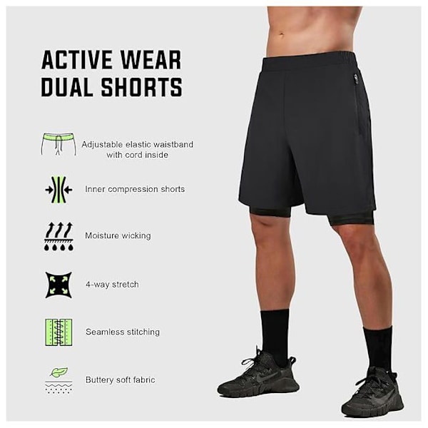 Sportshort 2 i 1 för män – Mytra Fusion – Styrketräning, Löpning, Fitness – Lätt, Andningsbar, Snabbtorkande – Svart Svart M