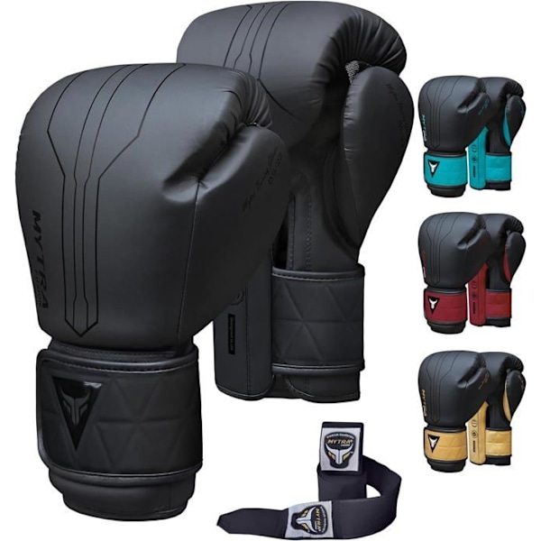 Boxningshandskar - svarta - Mytra Fusion BS-22, boxningshandskar ingår, MMA-handskar, Muay Thai, kickboxning för män och kvinnor Svart 18 OZ