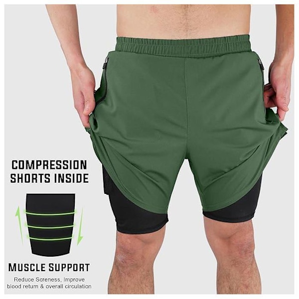 Shorts för sport 2 i 1 - Mytra Fusion - Olivgrön - Lätt - Andas - Snabbtorkande Olivgrön M