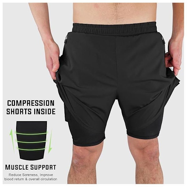 Träningsshorts 2 i 1 - Mytra Fusion - Svart - Lätt - Andningsbart - Snabbtorkande Svart XL