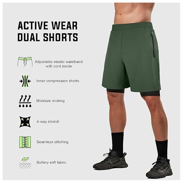 Kort sportshort 2 i 1 för män – Mytra Fusion – Styrketräning, Löpning, Fitness – Lätt, Andningsbar, Snabbtorkande – Olivgrön Olivgrön S