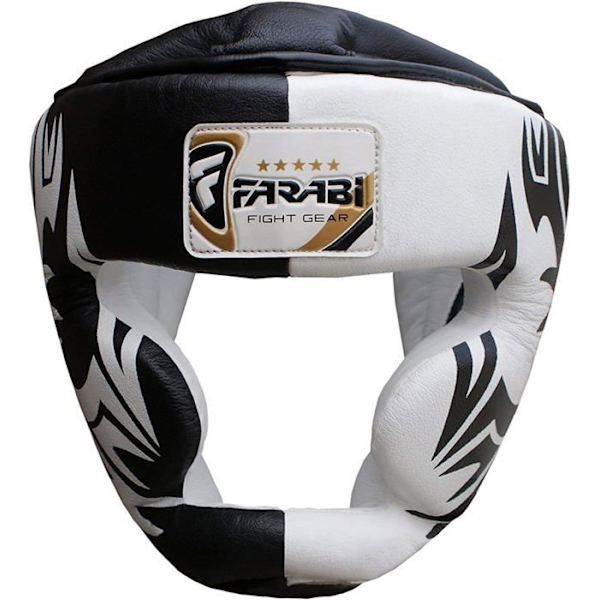 Boxningshjälm - Farabi Sports - Nappa-läder - Stötbeskydd - Tri-Lagersfoder - Unisex Svart vit jag