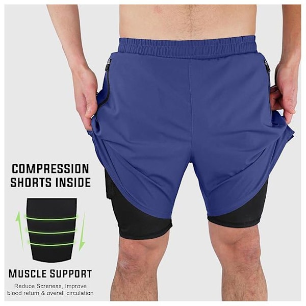 Kort sportshorts 2 i 1 - Mytra Fusion - Marinblå - Lätt - Andningsbar - Snabbtorkande marinblå jag