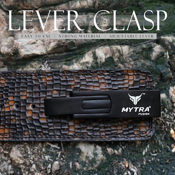 Muskelbälte med spak - Mytra Fusion - Läder i krokodilfinish - Fitness - Styrketräning - Gym - 10 mm - Svart - L MÖRKBROWN / SVART