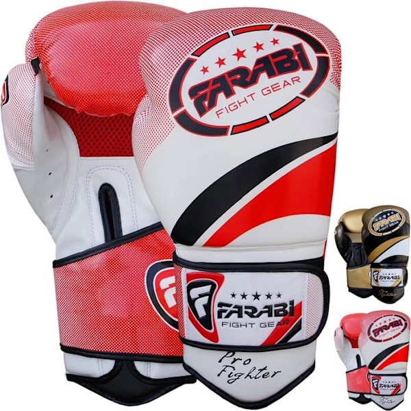 Boxningshandskar - Farabi Sports - Pro Fighter - 16 OZ - Syntetiskt läder - Unisex vit röd 16 OZ