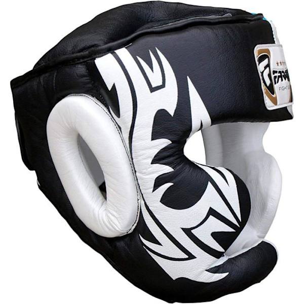 Boxningshjälm - Farabi Sports - Nappa-läder - Stötbeskydd - Tri-Lagersfoder - Unisex Svart vit jag