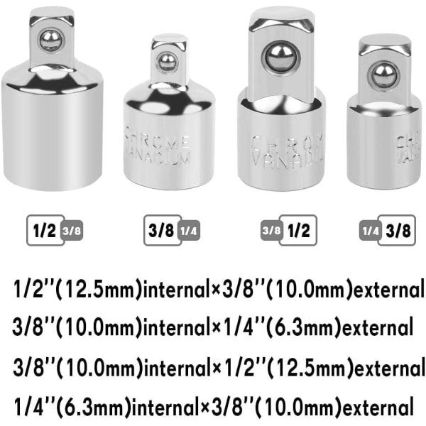 4 stk. Ratchet Socket Adapter Ratchet Socket Adapter 1/2 til 3/8-3/8 til 1/2-1/4 til 3/8-3/8 til 1/4 Socke
