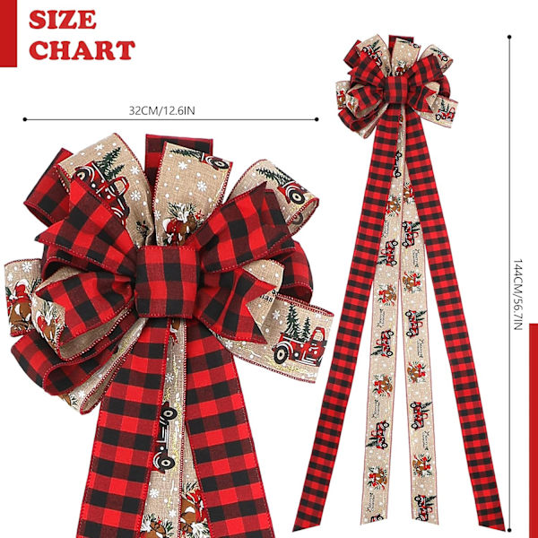 30×29×4cm Julgrans Topp, 57x 13 Tum Handgjorda Buffalo Plaid Juldekorationer, Röd Svart Julbåge Topp