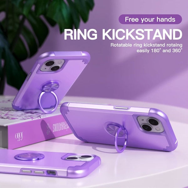 1 kpl iPhone 15 -kotelo 360° renkaalla, 2-in-1 iskunkestävä ultraohut hybridi Heavy D Light Purple
