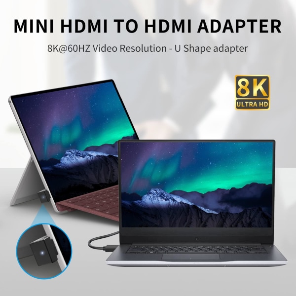 (2-pack) U-formad Mini HDMI till HDMI 8K Adapter, Uppvinkel Mini HDMI till HDMI F