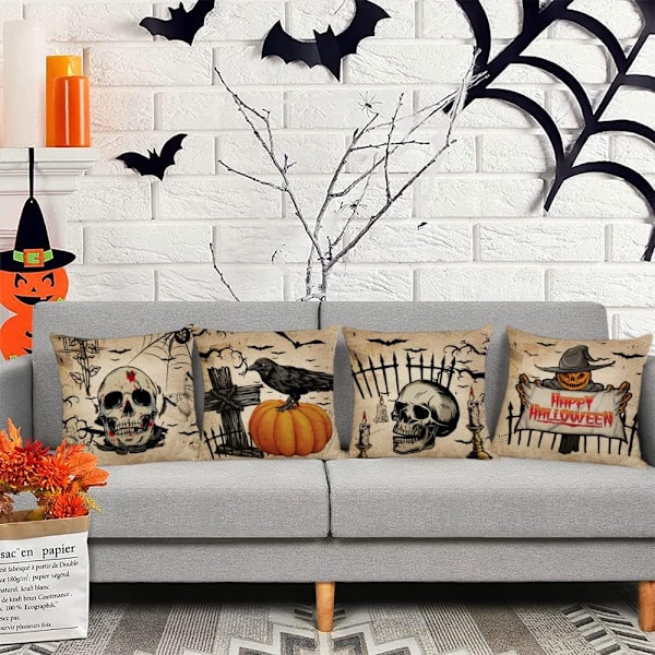 4 kappaleen sarja pelottavia Halloween-koristetyynynpäällisiä (18\" x 18\") - Kallo, kurpitsa, pöllö, varis