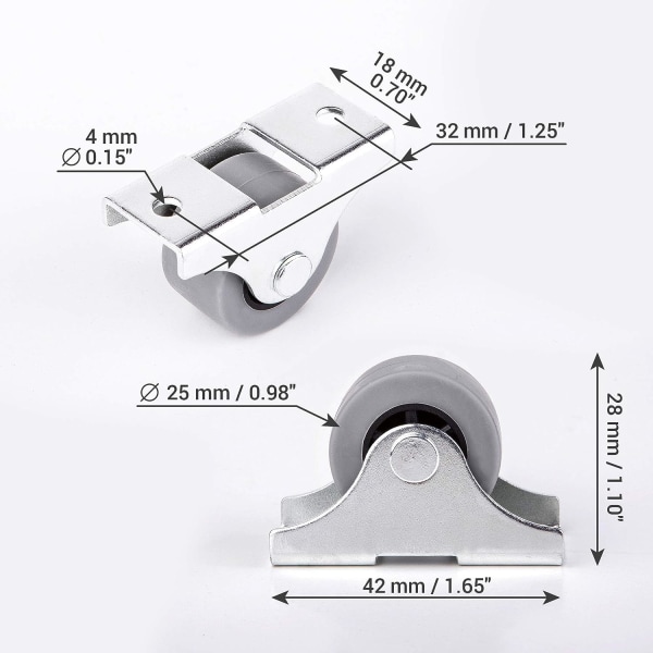 Sett med 8 25mm mini gummi- og plasthjul i metall S