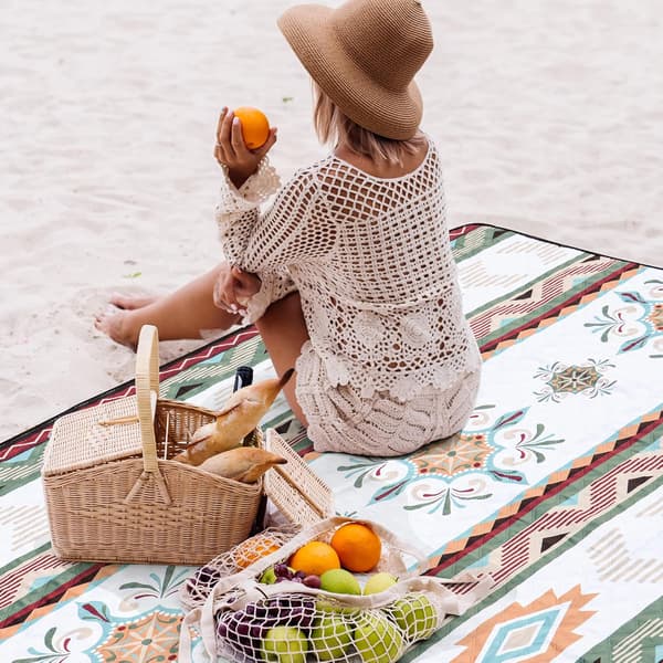 Boho picnictæppe, 200x200cm sandfrit strandtæppe, bærbart, vaskbart picnictæppe