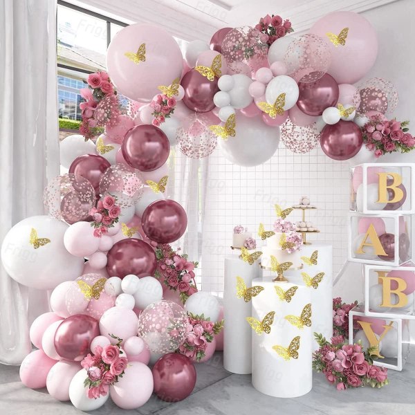 Rose gull ballong buesett - 118 stk Baby rosa hvit og rosa gull ballong krans sett med