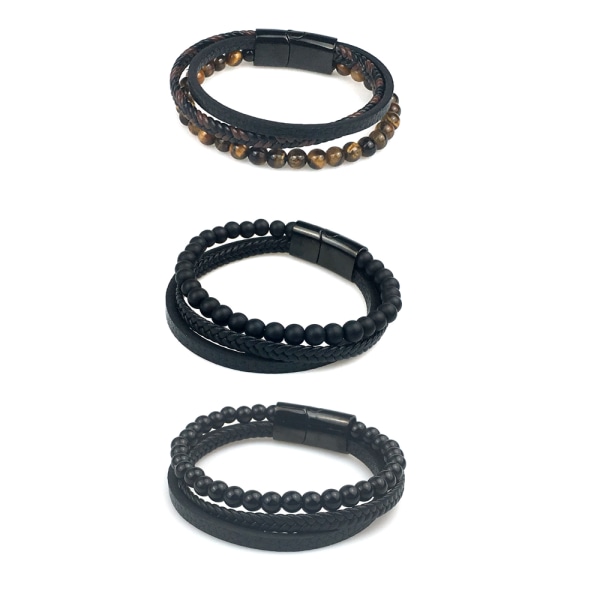 Sæt med 3 læderarmbånd til mænd, naturlige perler, stål og læderarmbånd til mænd, julegave