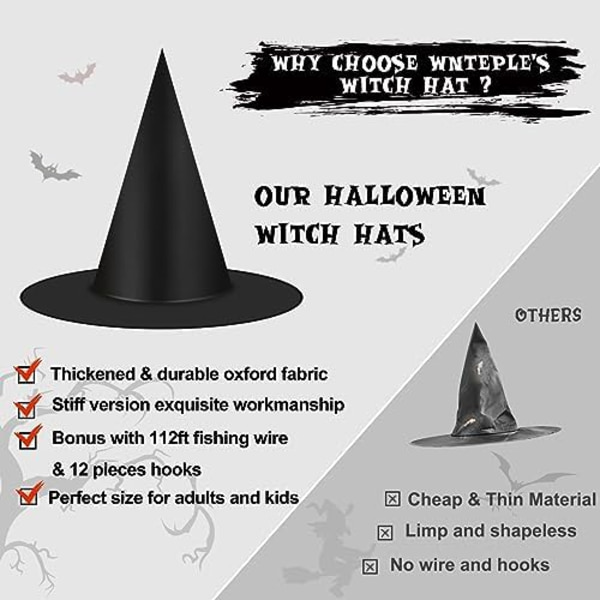 12 kpl Halloween Musta Noitakypärä Koristeet, Paksuuntuneet Riippuvat Noitakypärät Irtotavarana Pukuvaruste, Leijuva Noitakypärä w