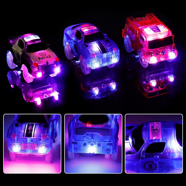 Racing Car-9.5CMx5CM, 3 Pack (Racing Car, Police Car, Fire Truck Car) med 5 blinkende LED-lys Mag