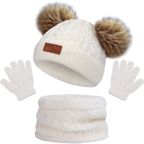 Barn Vinter Warm Beanie Hat Scarf Handskar Set vit Thermal K