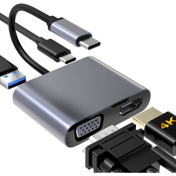 USB C til VGA HDMI-adapter, 4 i 1 Type C Hub til VGA HDMI 4K UHD