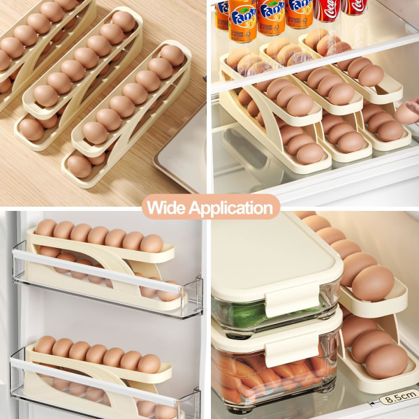 (2 stk) Dobbeltlags eggbeholder for kjøleskap, automatisk rullende eggbeholder,