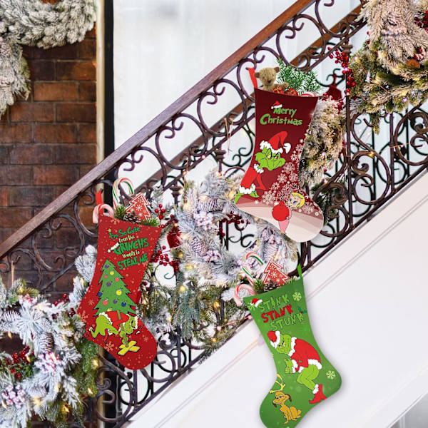 4-pack Grinchs Julstrumpor, 18 tum Stora Strumpor Jul Bulk Grinchs Juldekorationer Grinches Dekor O