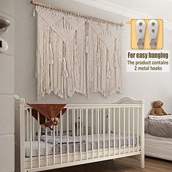 Stor Makrame Væghængning 150*110cm Boho Tapet Vægdekoration - Bomuld Tassel Makrame Gardin Beige Chic Bohemian W
