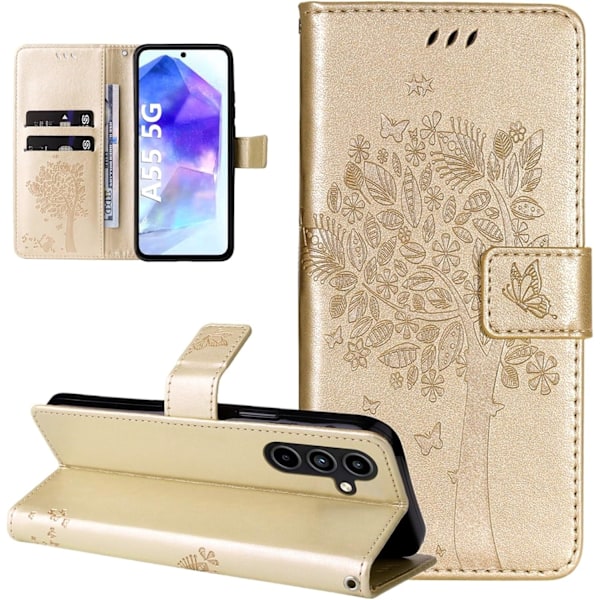 1 stk. - Guldlæder Wallet Case til Samsung Galaxy A55 5G med blomstermønster, kortholder, magnetisk flipcover
