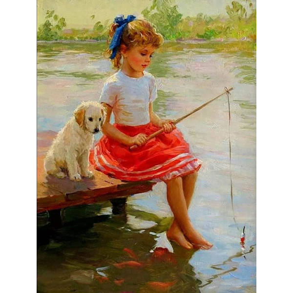 (30x40cm) Happy Childhood Timanttimaalaus Sarjat, Tyttö ja Pentu