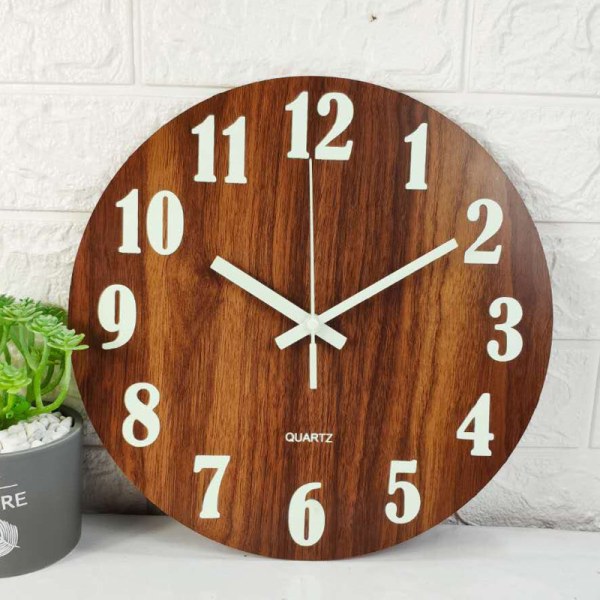 Brun 12 tommer Silent Wooden Luminous Wall Clock for Living R