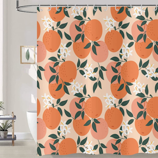 Fersken Bruseforhæng 180x180, Sødt Orange Pink Frugter Grønne Blade Blomster Badeforhæng Akvarel Kunst Maleri Æstetisk Vandtæt Polyesterstof