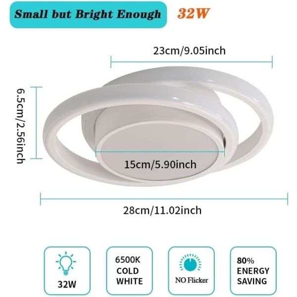 LED-taklampa, kall vit 6500K, rund taklampa 32W 2350l