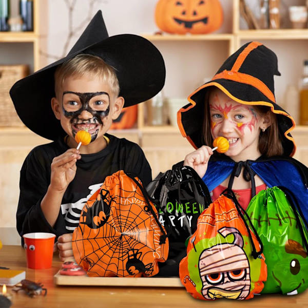 27 stk Halloween godteriposer, 9 design, Halloween gaveposer, plast godteripose med snøring, Ca